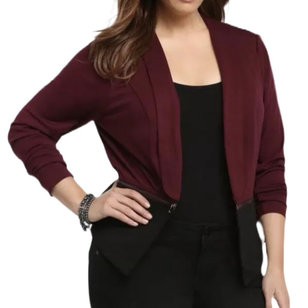 Torrid Womens Blazer Shawl Collar Blazer Burgundy Black Detachable Zipper Size 1